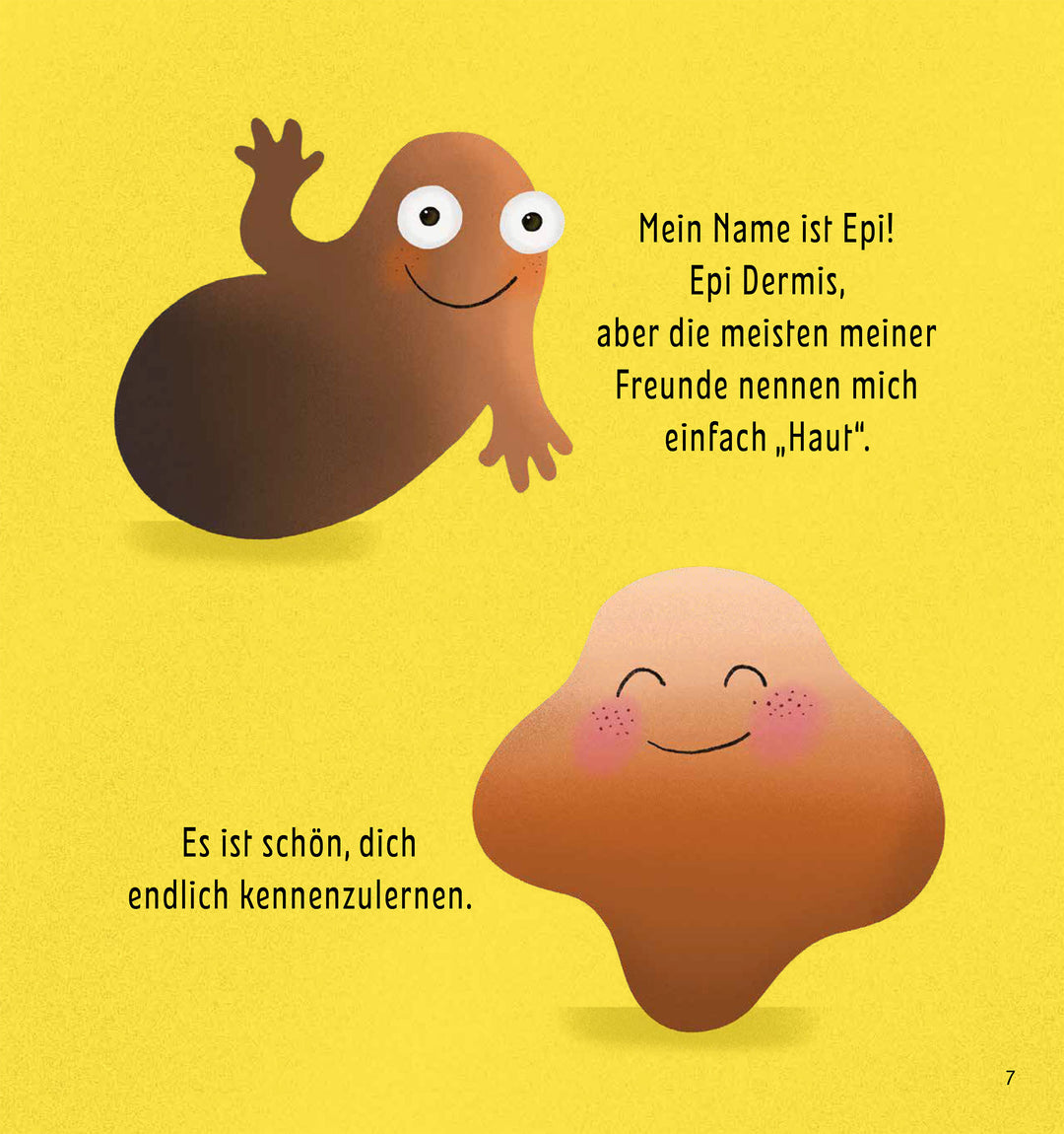 Seite aus dem Kinderbuch "Es ist doch nur Haut!". Illustriert wird Haut in verschiedenen Hauttönen dargestellt.