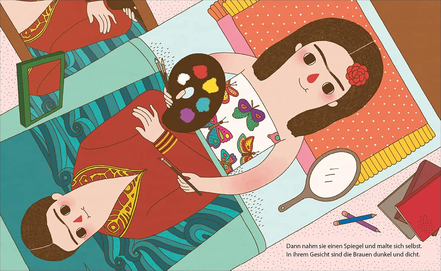 Im Kinderbuch über Frida Kahlo sieht man sie im Bett liegen, wie sie trotz Krankheit an einem Selbstporträt malt – ein wichtiger Moment aus ihrer Biografie.