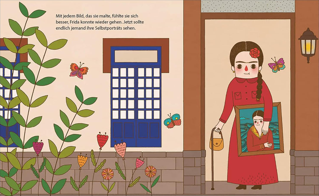 Szene aus der Frida Kahlo Biografie. Frida steht im Garten voller Kakteen vor dem berühmten Blauen Haus in Mexiko-Stadt.