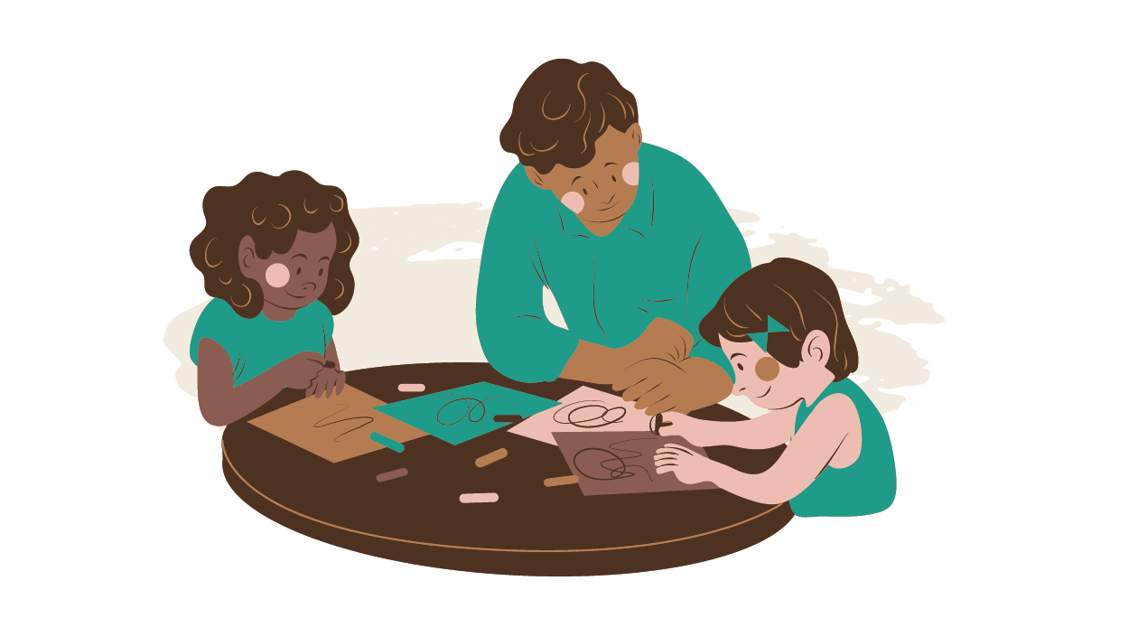 Digitale Illustration auf dem ein Tisch zu sehen ist. An dem Tisch sitzen zwei Kinder und eine erwachsene Person. Alle malen mit Stiften auf Papier.