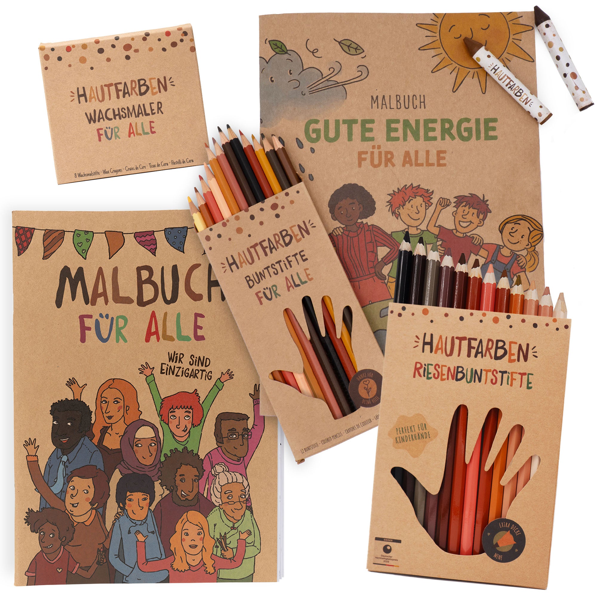Geschenk-Set "Malabenteuer" für Vielfalt und Toleranz. Enthalten sind die Hautfarben-Buntstifte, Wachsmalstifte und zwei Malbücher.