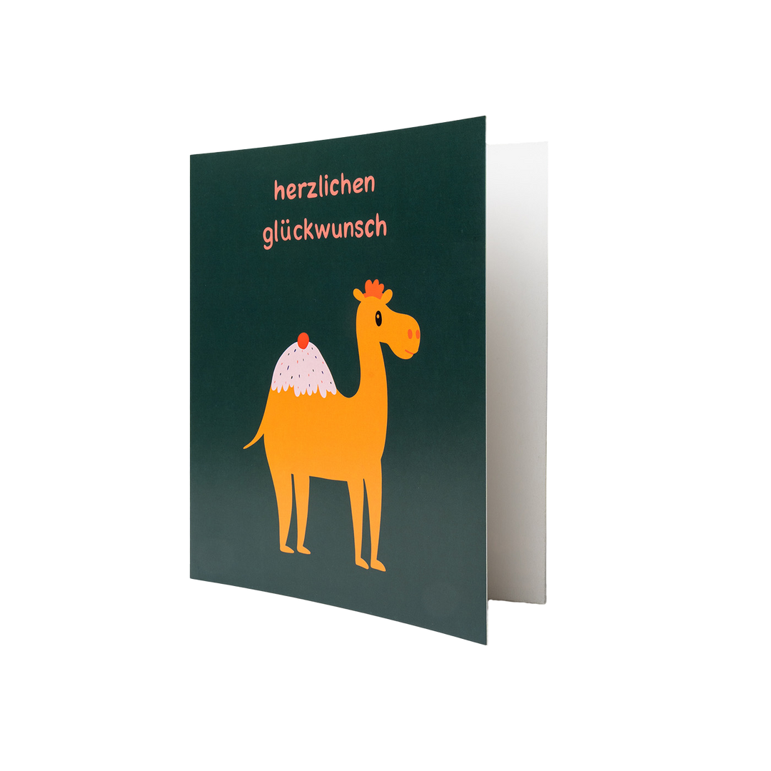 Grußkarte mit Illustration eines Dromedars. Darüber steht der Schriftzug "Herzlichen Glückwunsch".