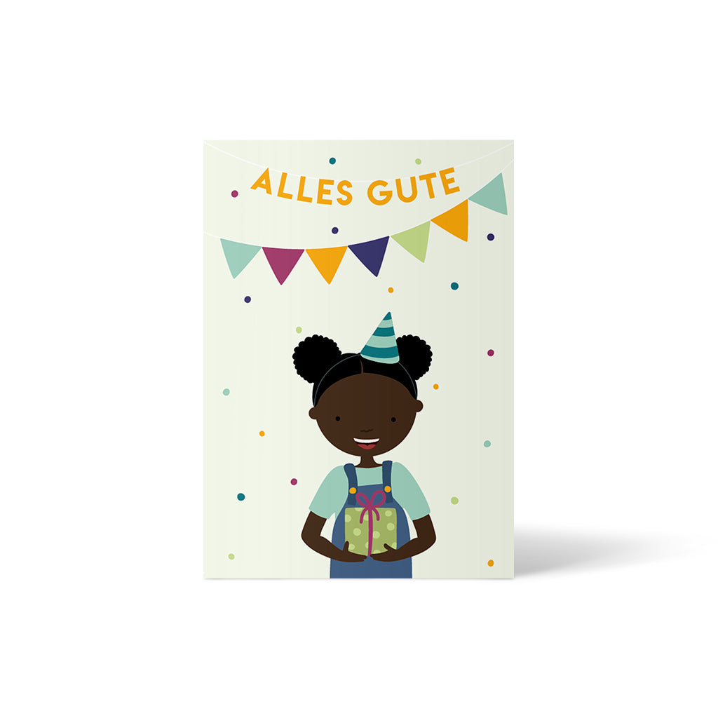 Grußkarte für Kinder mit der Illustration eines Schwarzen Mädchens mit Partyhut und Geschenk in der Hand. Darüber steht der Schriftzug "Alles Gute".