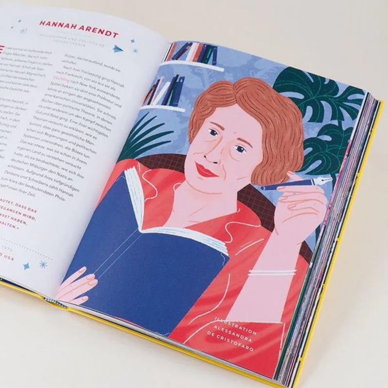 Detailaufnahme einer aufgeschlagenen Seite mit Biografie und Illustration von Hannah Arendt. Für junge Leser:innen ab 10 Jahren, die Vielfalt feiern.