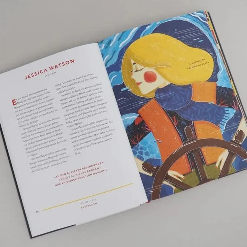 Doppelseite aus den Gute-Nacht-Geschichten für Rebel Girls mit farbenfroher Illustration und inspirierender Lebensgeschichte von Jessica Watson.