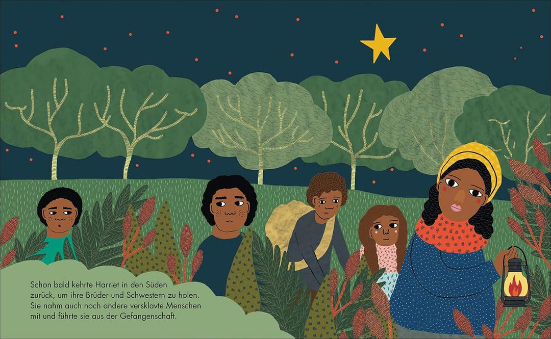 Die Illustration zeigt, wie Harriet Tubman ihre Geschwister und weitere versklavte Menschen aus Gefangenschaft rettet.