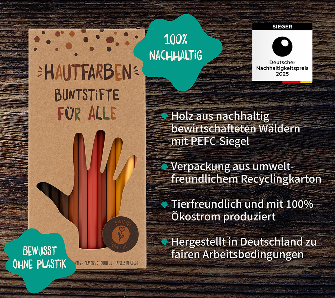 Hautfarben-Buntstifte aus nachhaltiger Herstellung ohne Plastik, ausgezeichnet mit dem Deutschen Nachhaltigkeitspreis, ideal für Kinder.