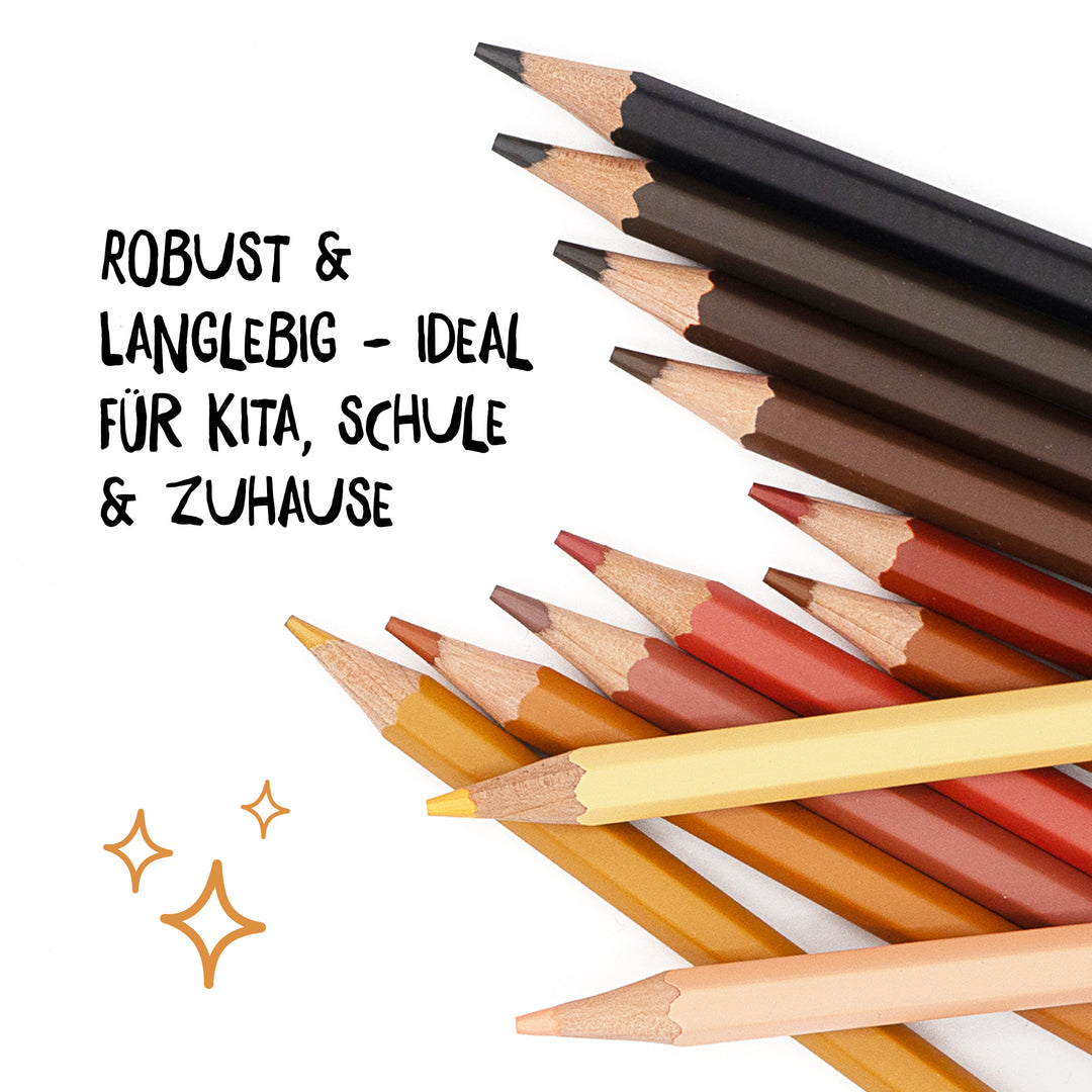 Hautfarben Buntstifte "Für Alle". Zu sehen sind Buntstifte in 12 verschiedenen Hauttönen. Robust und langlebig.