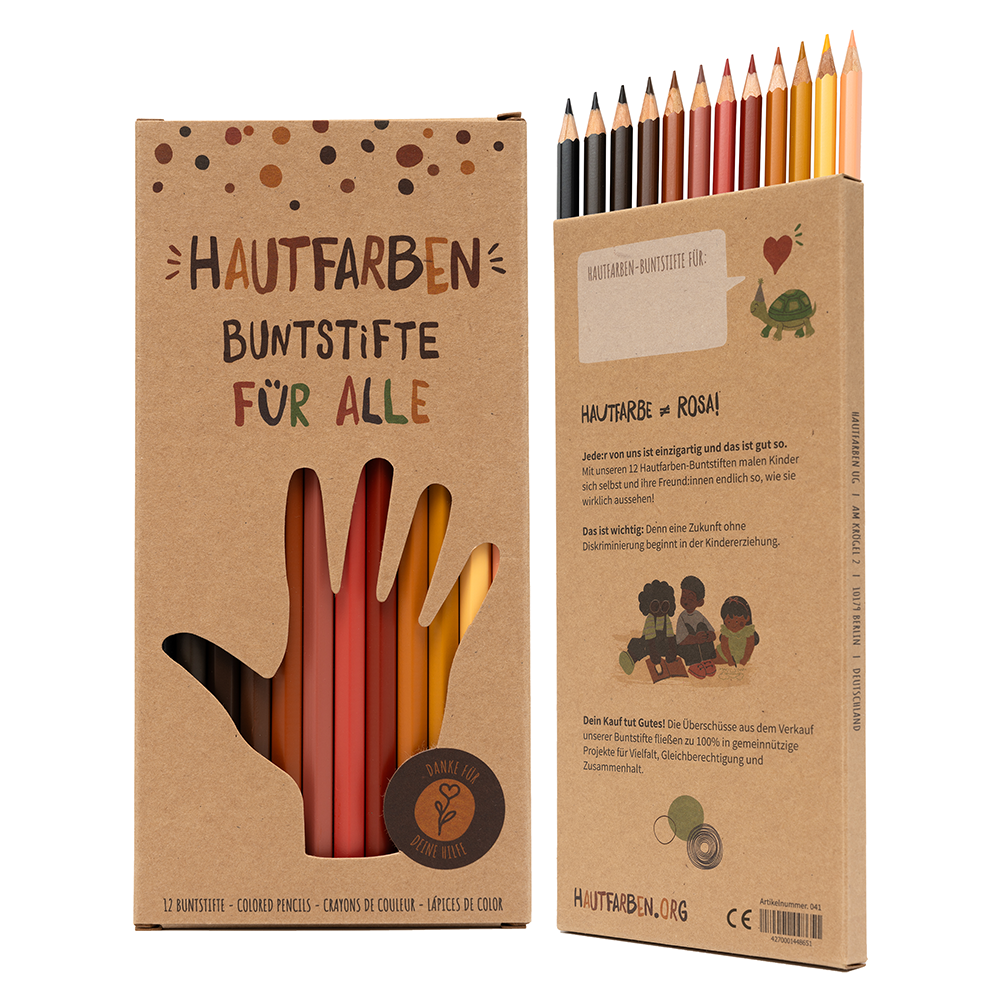 Verpackung der Hautfarben-Buntstifte mit 12 verschiedenen Farbtönen. "Buntstifte für alle" fördern Vielfalt und Inklusion.