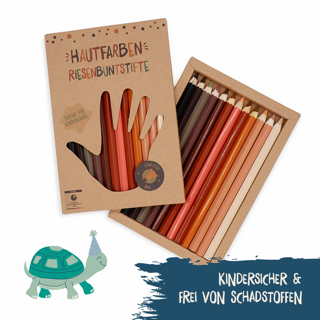 Geöffnete Verpackung der Hautfarben-Riesenbuntstifte. Die Stifte sind kindersicher und frei von Schadstoffen.