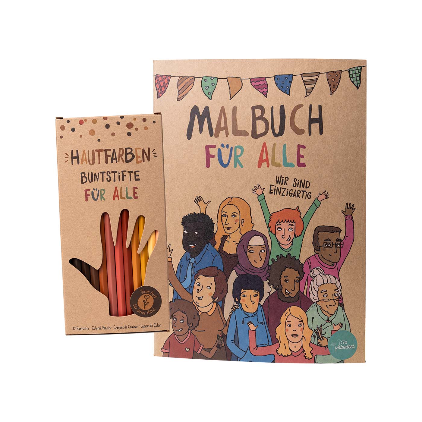 Starter-Set mit 12 Hautfarben-Buntstiften und dem Malbuch für alle. Fördert Kreativität und Vielfalt bei Kindern.