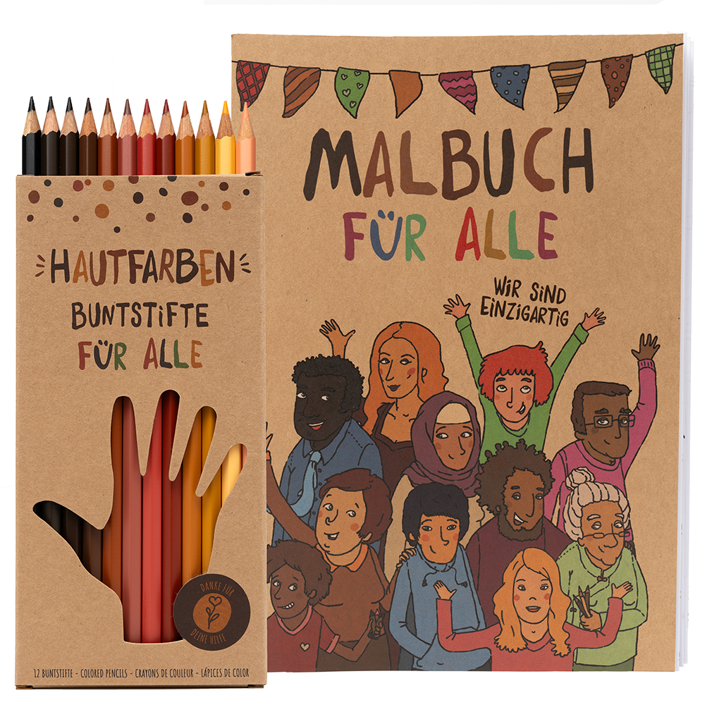 Starter-Set mit 12 Hautfarben-Buntstiften und dem Malbuch für alle. Fördert Kreativität und Vielfalt bei Kindern.