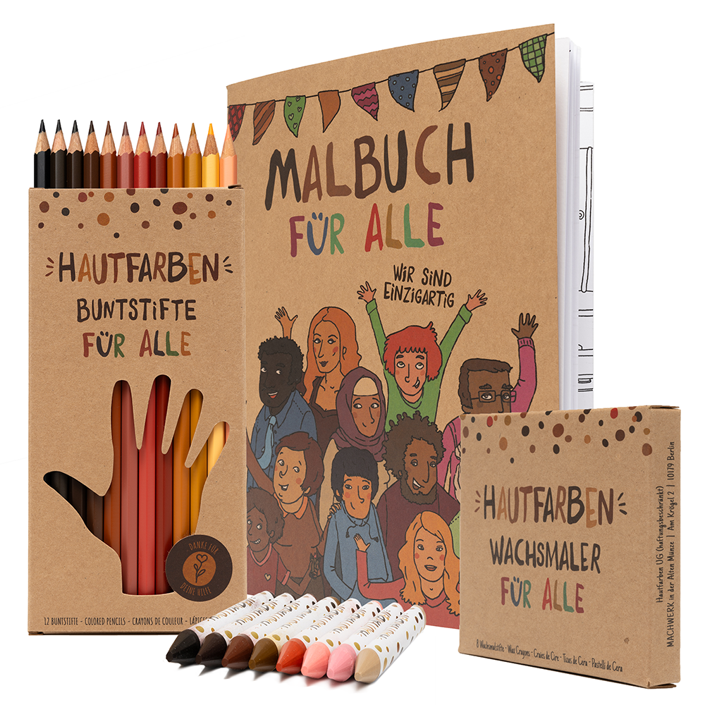 Verschiedene Produkte von Hautfarben - Malbuch für alle, Hautfarben-Buntstifte für alle, Hautfarben-Wachsmaler für alle.