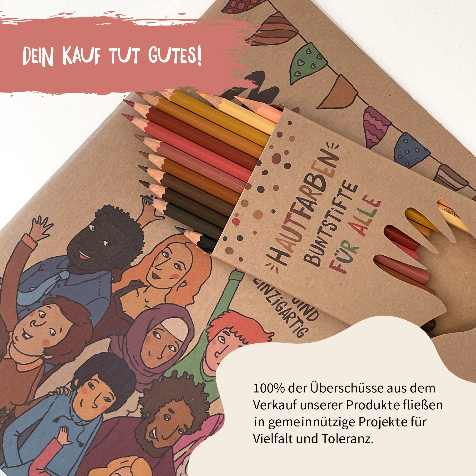 Malbuch für alle, Buntstifte von Hautfarben, 100% der Erlöse unterstützen gemeinnützige Projekte für Vielfalt, ideal als Kindermalbuch.
