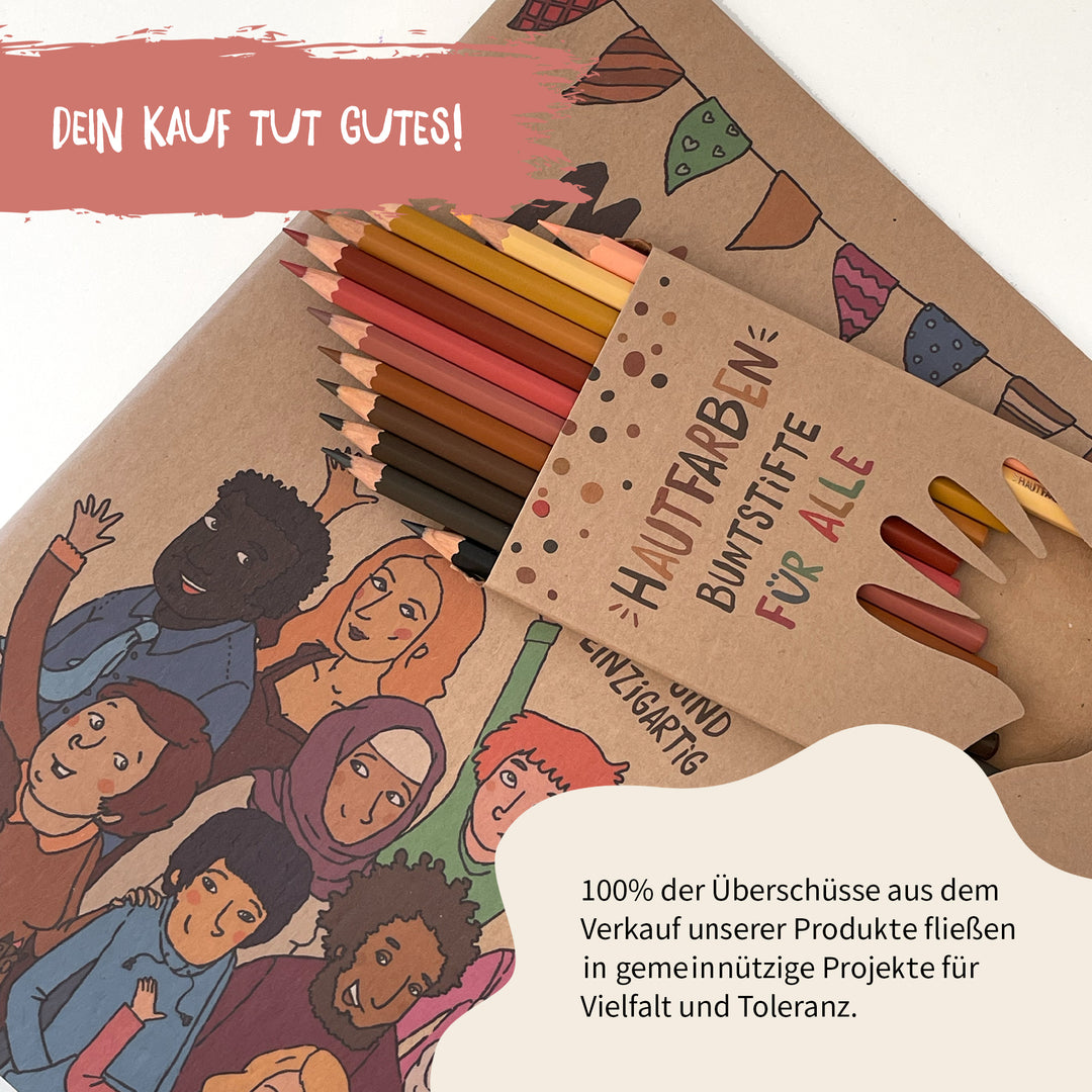 Malbuch für alle, Buntstifte von Hautfarben, 100% der Erlöse unterstützen gemeinnützige Projekte für Vielfalt, ideal als Kindermalbuch.
