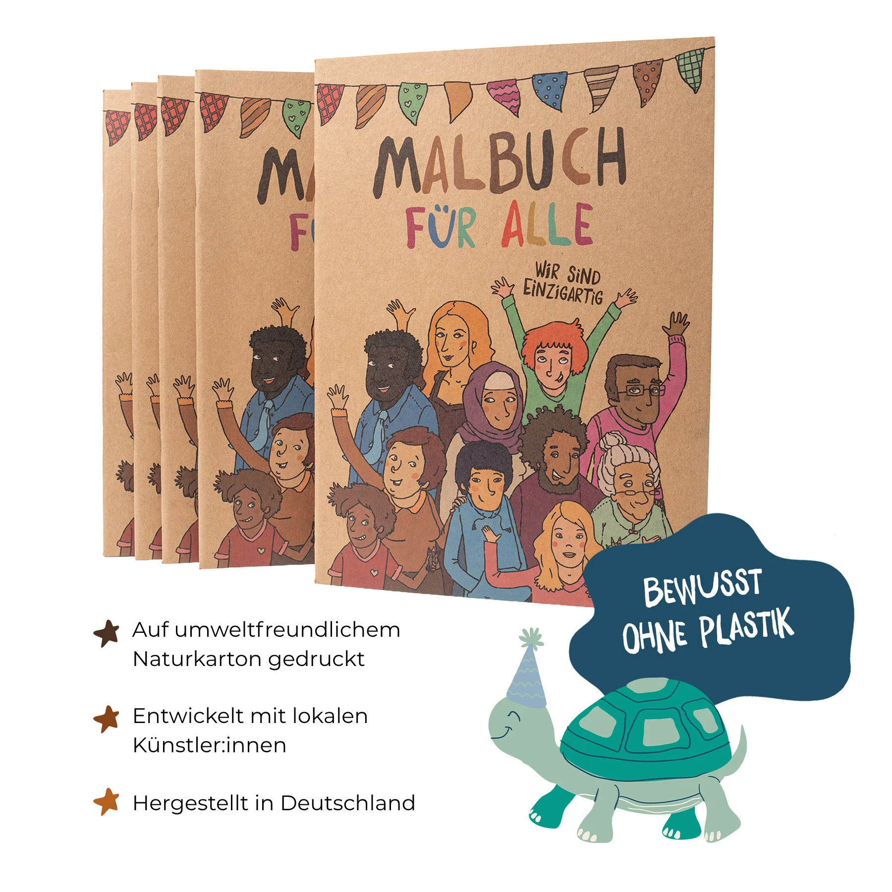 Hautfarben Malbuch für alle aus nachhaltiger Herstellung ohne Plastik, ausgezeichnet mit dem Deutschen Nachhaltigkeitspreis, Geschenk für Kinder.