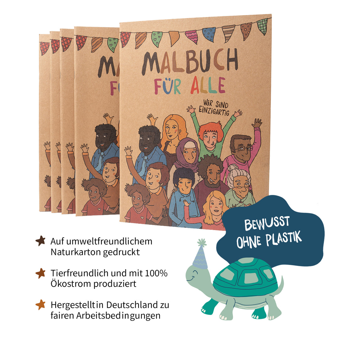 Hautfarben Malbuch für alle aus nachhaltiger Herstellung ohne Plastik, ausgezeichnet mit dem Deutschen Nachhaltigkeitspreis, Geschenk für Kinder.