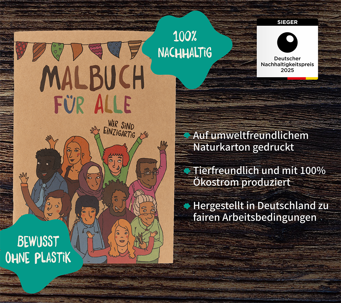 Hautfarben Malbuch für alle aus nachhaltiger Herstellung ohne Plastik, ausgezeichnet mit dem Deutschen Nachhaltigkeitspreis, Geschenk für Kinder.