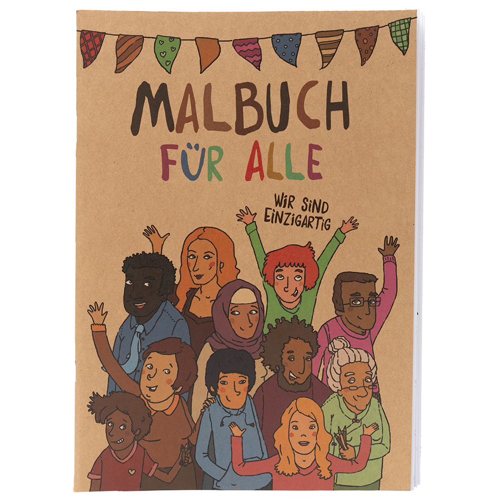 Malbuch für alle von Hautfarben. Das Cover zeigt eine Illustration von verschiedenen Menschen mit unterschiedlichen Hautfarben.