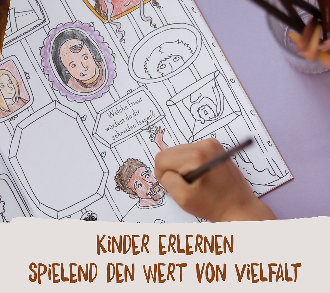 Kind malt eine Seite im Malbuch von Hautfarben aus. Kinder lernen so den Wert von Vielfalt.