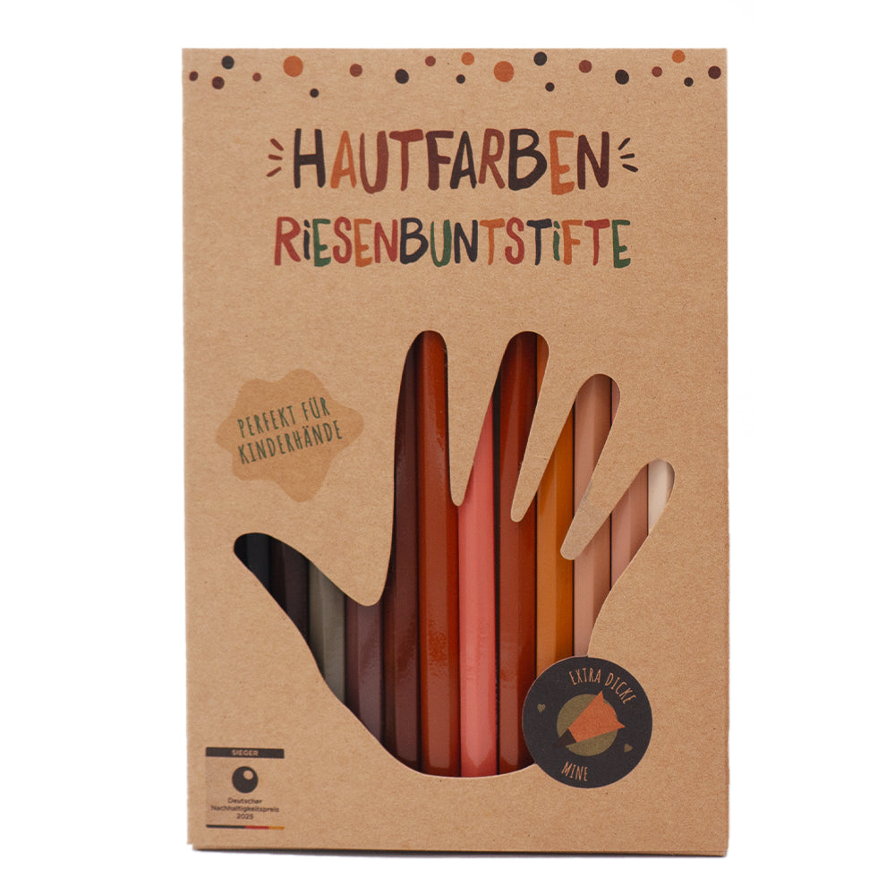 Packung der Hautfarben-Riesenbuntstifte in 12 verschiedenen Hauttönen. Extra-dicke Mine für kleine Kinderhände.