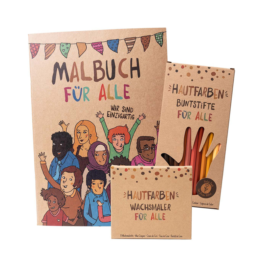 Hautfarben-Malspaß-Set mit Malbuch, 12 Buntstiften und 8 Wachsmalern in verschiedenen Hauttönen.