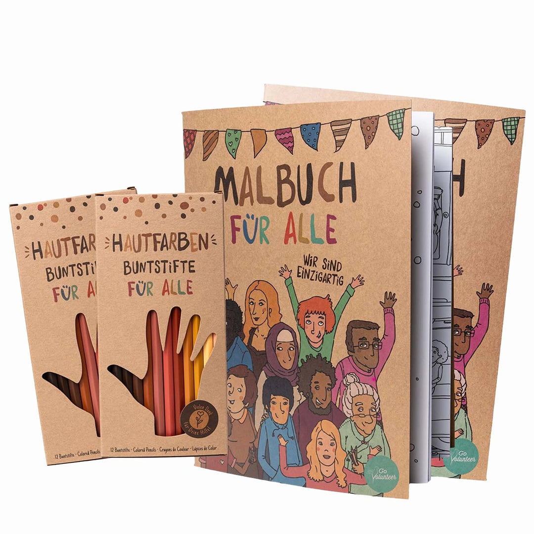 Set von "Hautfarben" bestehend aus zwei Packungen Buntstiften in verschiedenen Hautfarben und zwei Malbüchern.