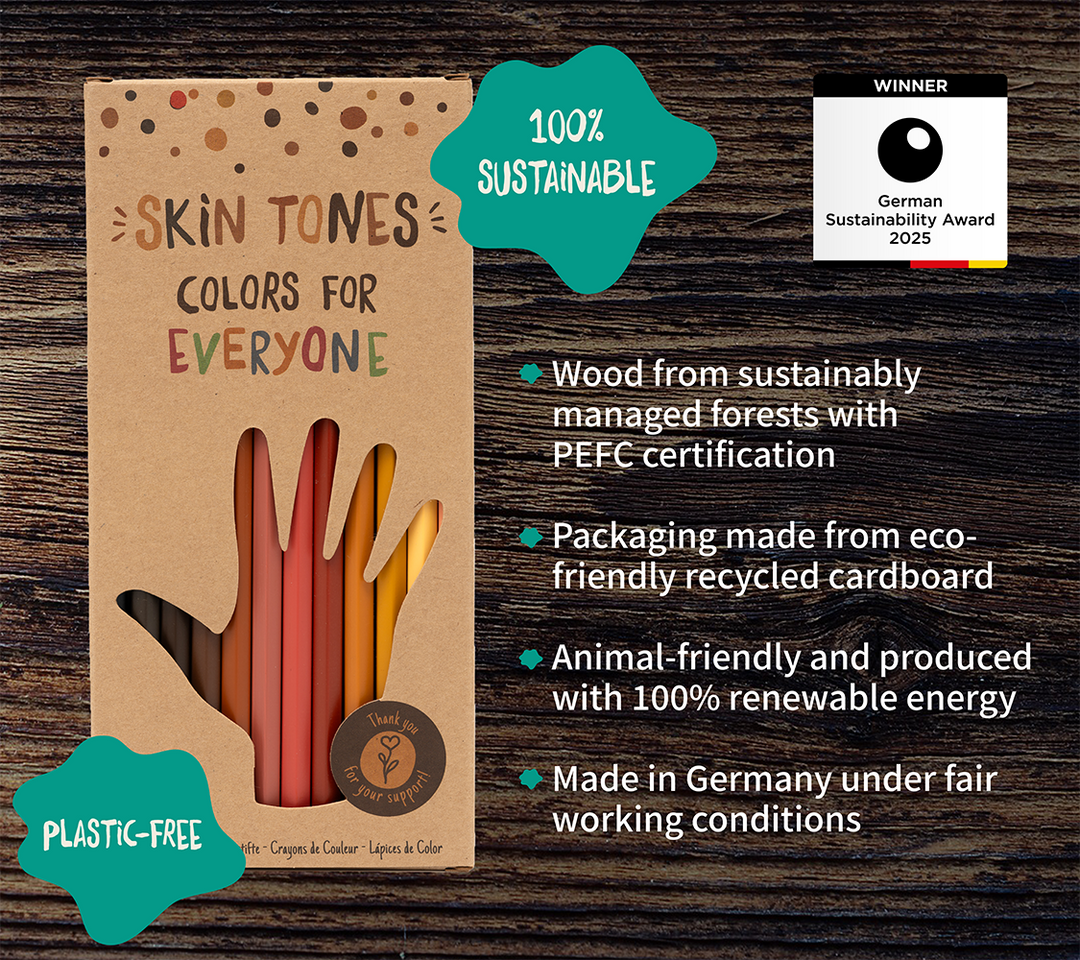 Hautfarben Skin Tones Pencils from sustainable materials, winner of the German sustainability award, ideal present for children.