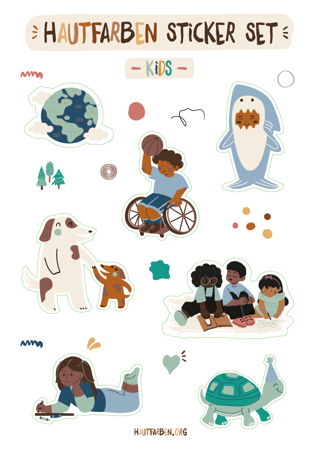 Stickerbogen "Kids" mit kindgerecht illustrierten Motiven, darunter Kinder, Tiere, die Erde und Symbole für Vielfalt und Freundschaft.