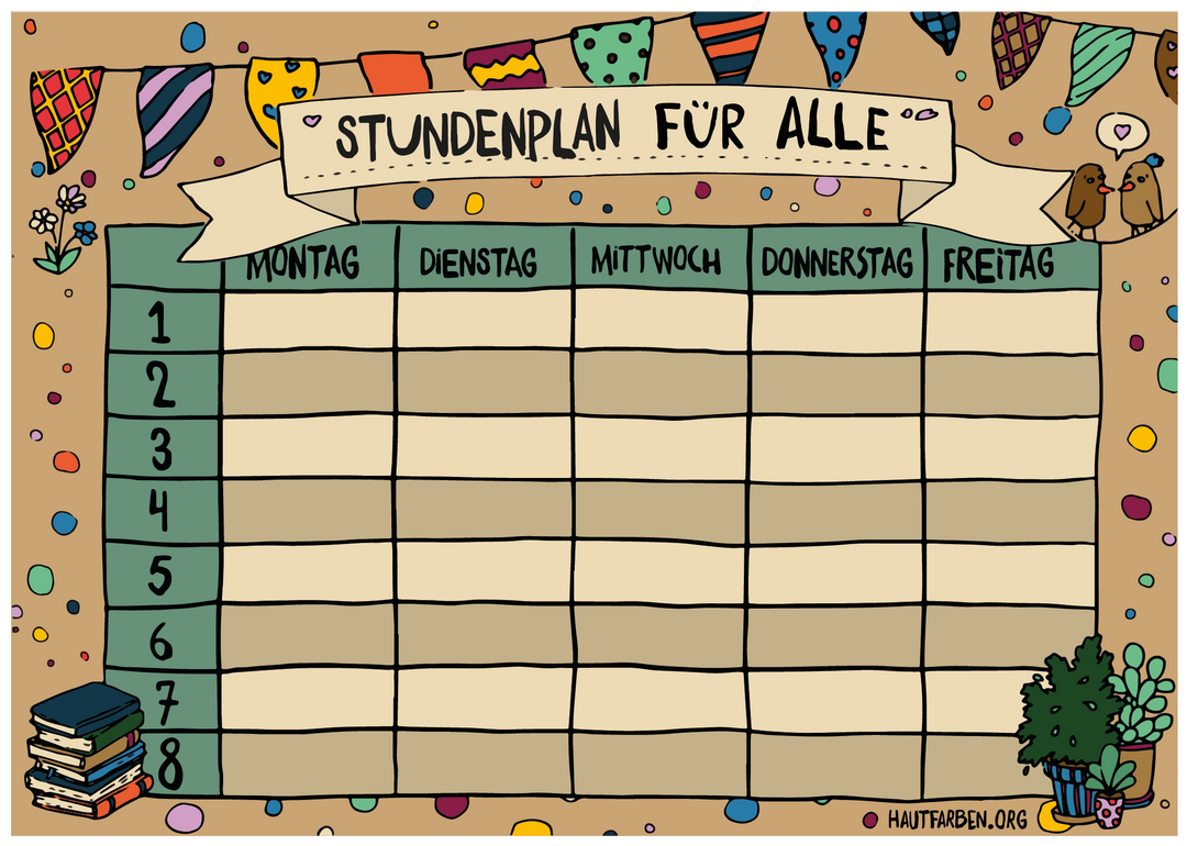 Bunter Stundenplan für die Grundschule, ideal zum Eintragen von Stunden für Schulkinder, gestaltet für vielfältige und inklusive Kindererziehung.