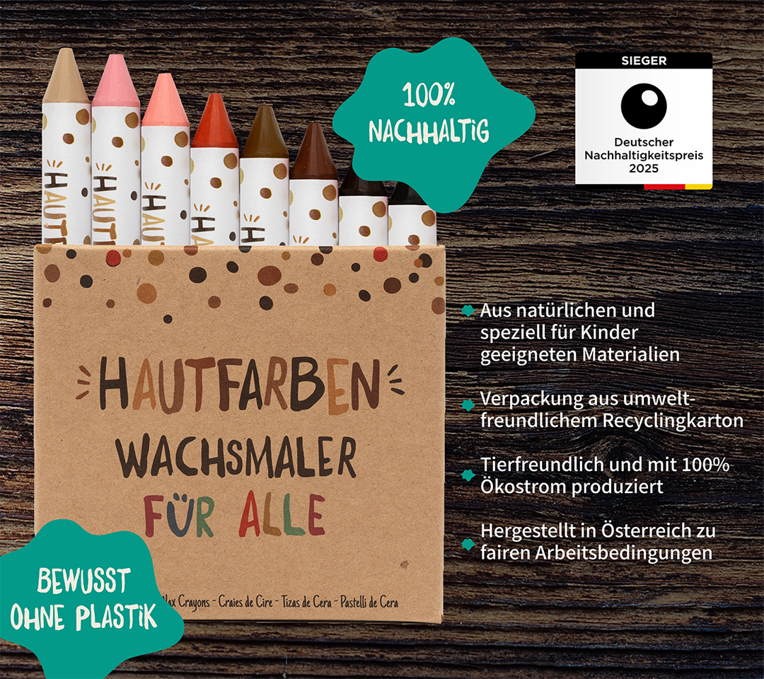 Hautfarben-Wachsmaler aus nachhaltiger Herstellung ohne Plastik, ausgezeichnet mit dem Deutschen Nachhaltigkeitspreis, ideal für Kinder.