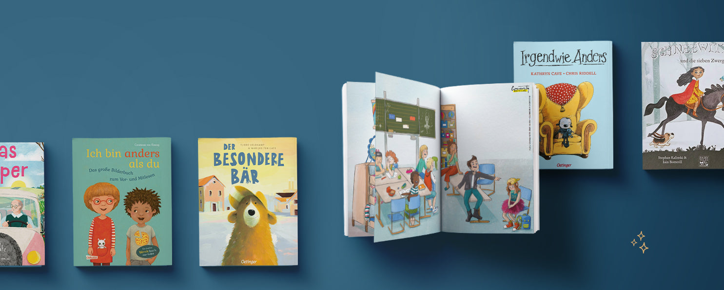 Vielfältige Kinderbücher zu Toleranz und Diversität: Ich bin anders als du, Der besondere Bär, Irgendwie Anders.

