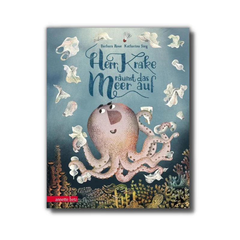 Cover des Kinderbuchs "Herr Krake räumt das Meer auf" mit einer Illustration einer Krake im Meer. Um die Krake herum schwimmen viele Plastiktüten.