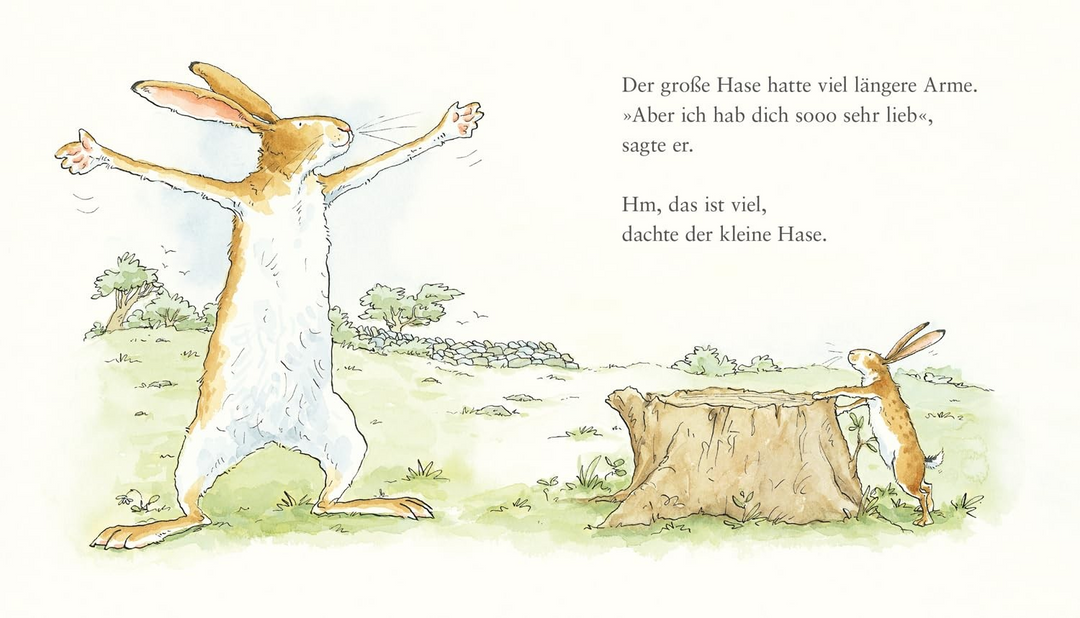 Die Illustration aus dem Kinderbuch "Weißt du eigentlich, wie lieb ich dich hab?" zeigt einen großen Hasen, der seine Arme ausgebreitet hat und dem kleinen Hasen zeigt, wie lieb er ihn hat.