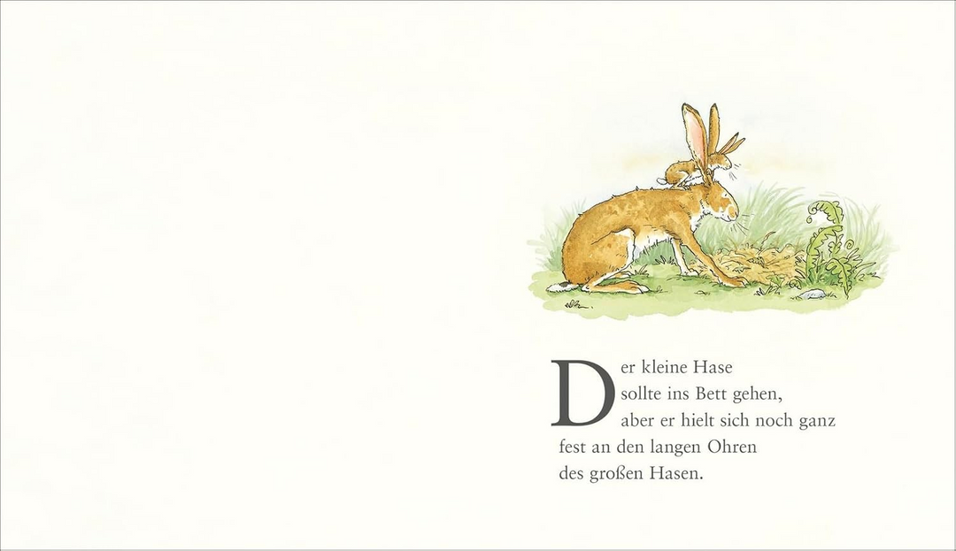 Seite aus dem Kinderbuch "Weißt du eigentlich, wie lieb ich dich hab?". Die Illustration zeigt einen kleinen Hasen, der auf einem großen Hasen sitzt und sich an dessen Ohren festhält.
