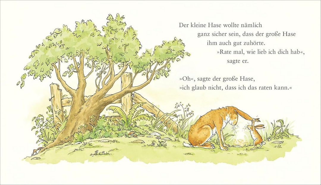 Doppelseite aus dem Buch "Weißt du eigentlich, wie lieb ich dich hab?". Illustriert werden zwei Hasen dargestellt. Der kleine Hase flüstert dem großen Hasen was ins Ohr.