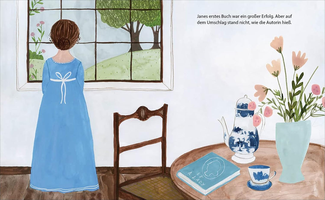 Die Illustration aus der Jane Austen Biografie zeigt Jane, die am Fenster steht und nach draußen schaut. Auf dem Tisch liegt das Buch, das sie geschrieben hat.