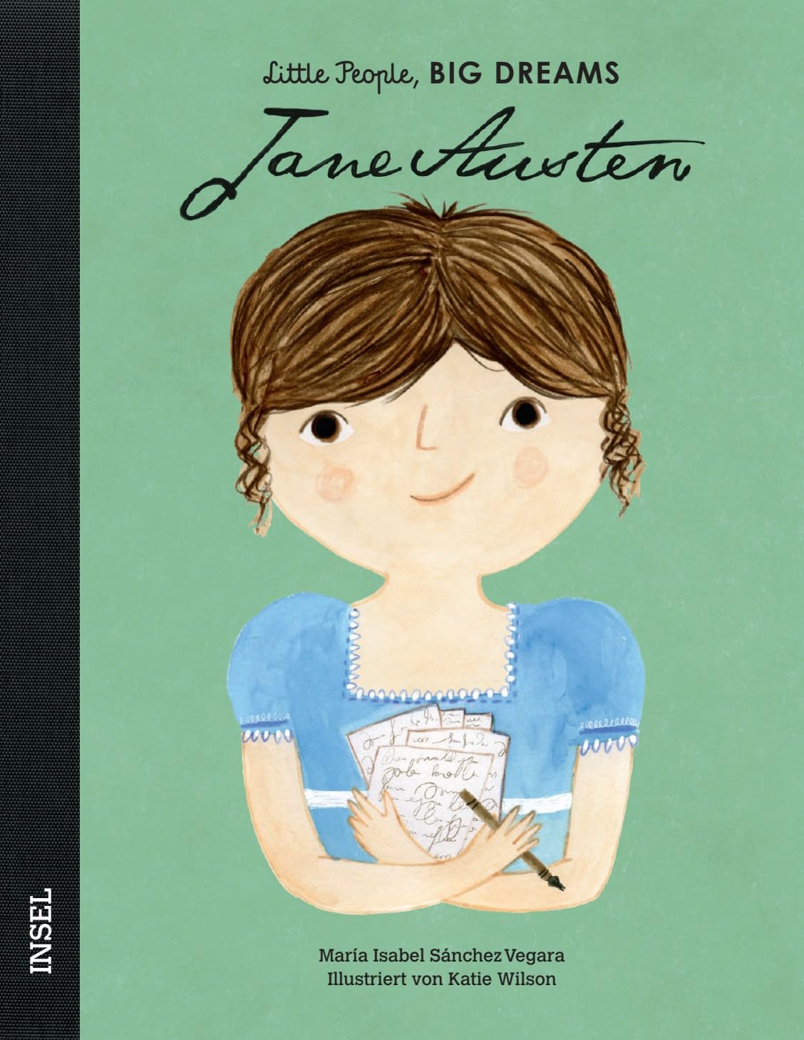 Cover der Biografie über Jane Austen zeigt Jane mit einem blauen Oberteil und beschriebenen Blättern in der Hand.