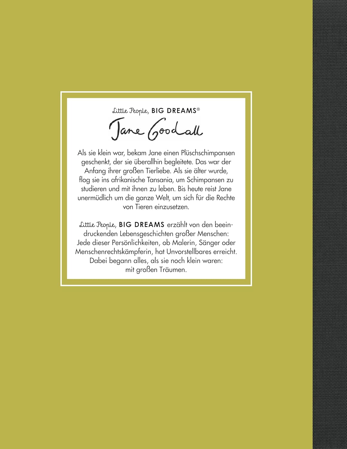 Jane Goodall Biografie – Rückseite des Buches mit einem weißen Textfeld auf olivgrünem Grund und kurzer Beschreibung von Jane Goodalls Leben.