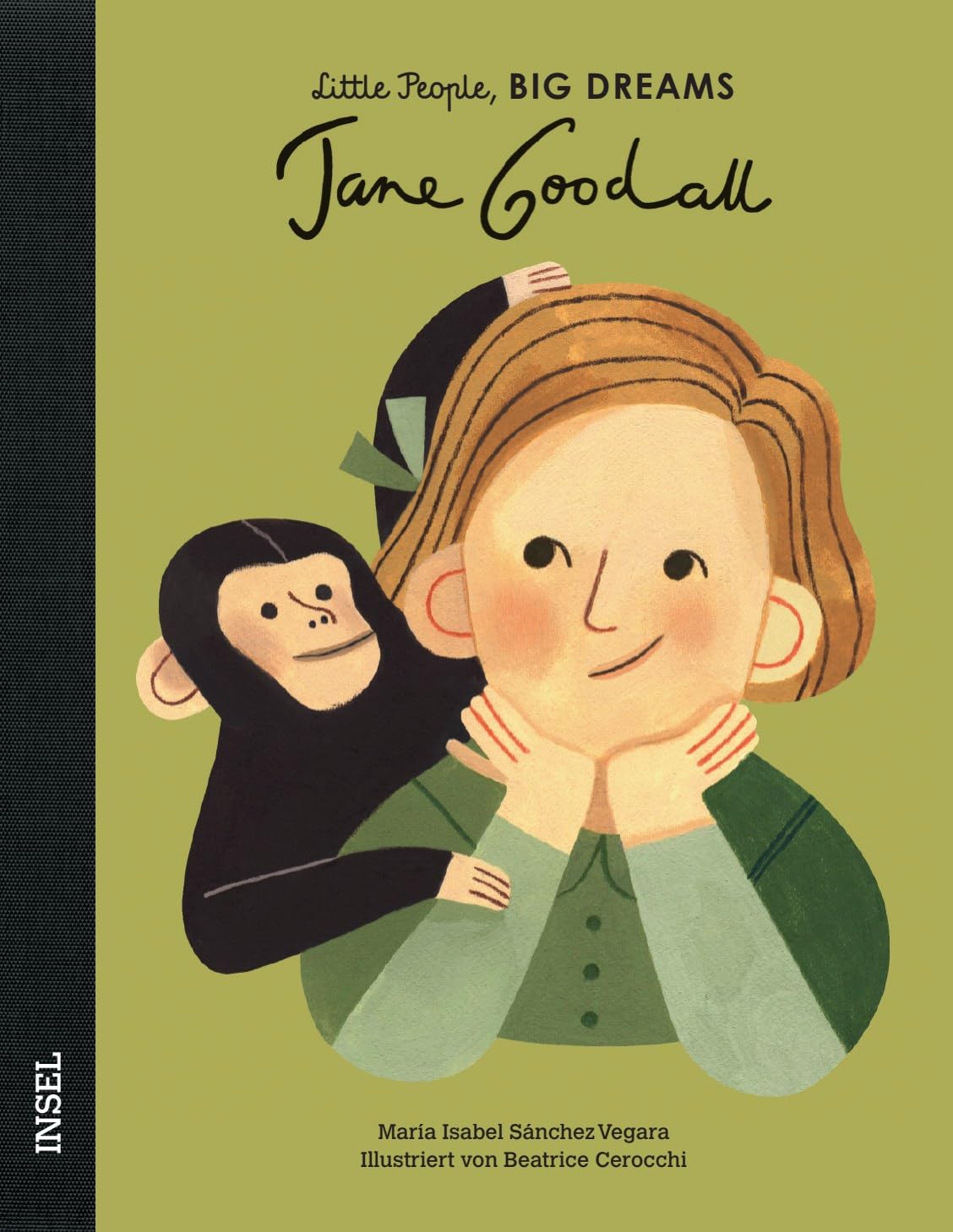 Jane Goodall Biografie für Kinder: Das Cover zeigt Jane Goodall mit einem jungen Schimpansen, beide lächeln freundlich vor olivgrünem Hintergrund.