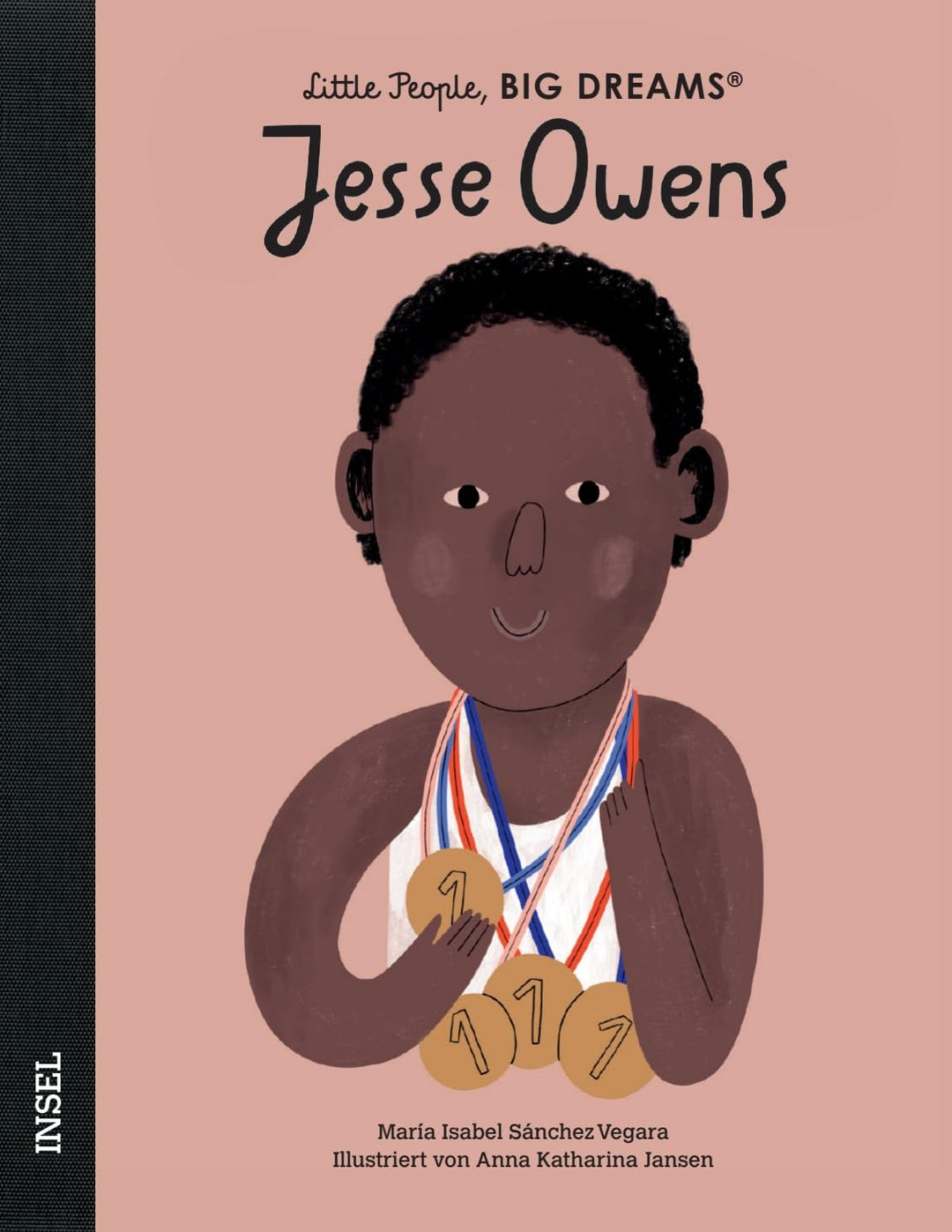 Kinderbuchcover zu Jesse Owens Biografie: Jesse Owens mit Medaillen um den Hals auf braunem Hintergrund, freundlicher Blick.
