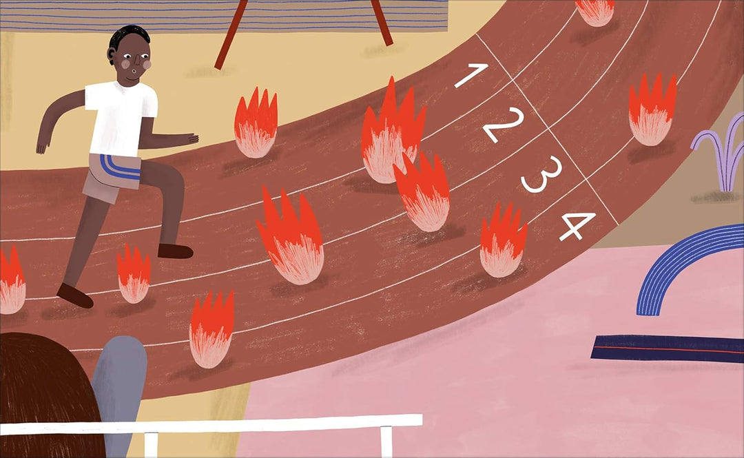 Szene aus der Jesse Owens Biografie – Jesse steht konzentriert am Startblock einer Laufbahn, bereit für den Wettlauf mit anderen Sprintern.