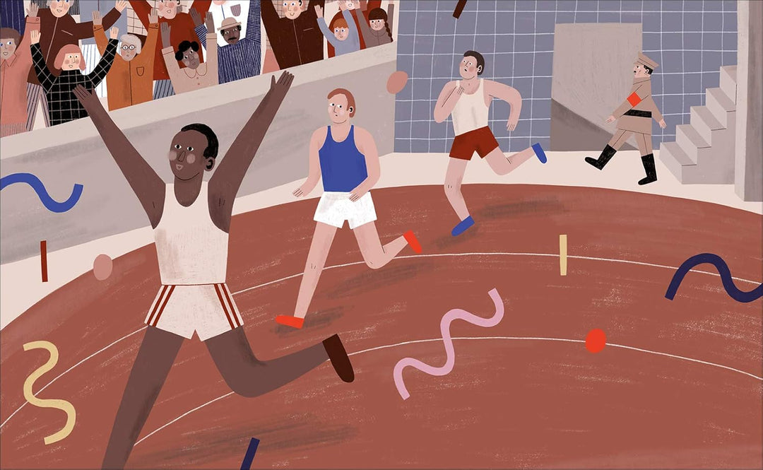 Die Jesse Owens Biografie für Kinder zeigt Jesse beim Jubel im Ziel, als er das Rennen gewinnt und das Publikum im Stadion applaudiert.
