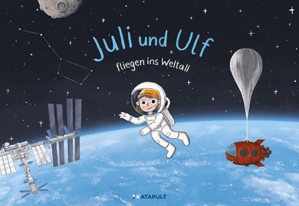 Cover des Kinderbuchs "Juli und Ulf fliegen ins Weltall". Zu sehen ist ein Kind im Astronautenanzug und ein Satellit.