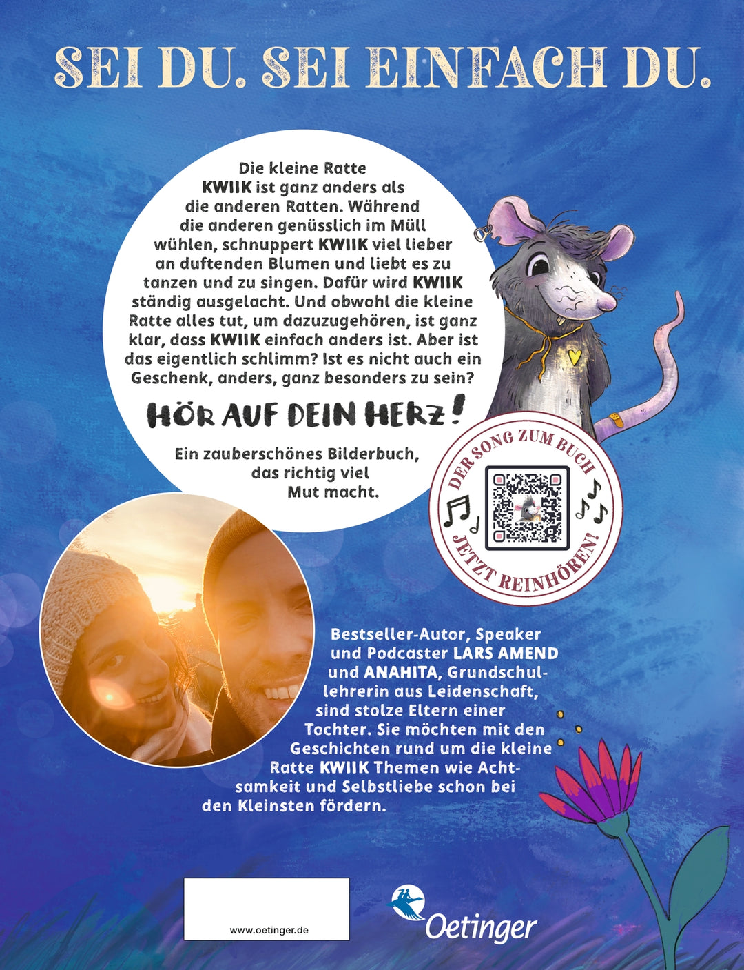 Rückseite des Kinderbuchs über Vielfalt "Weil ich anders bin". Zu sehen ist eine Zusammenfassung des Buchs, ein Bild der Autor:innen und ein QR-Code für einen Song.