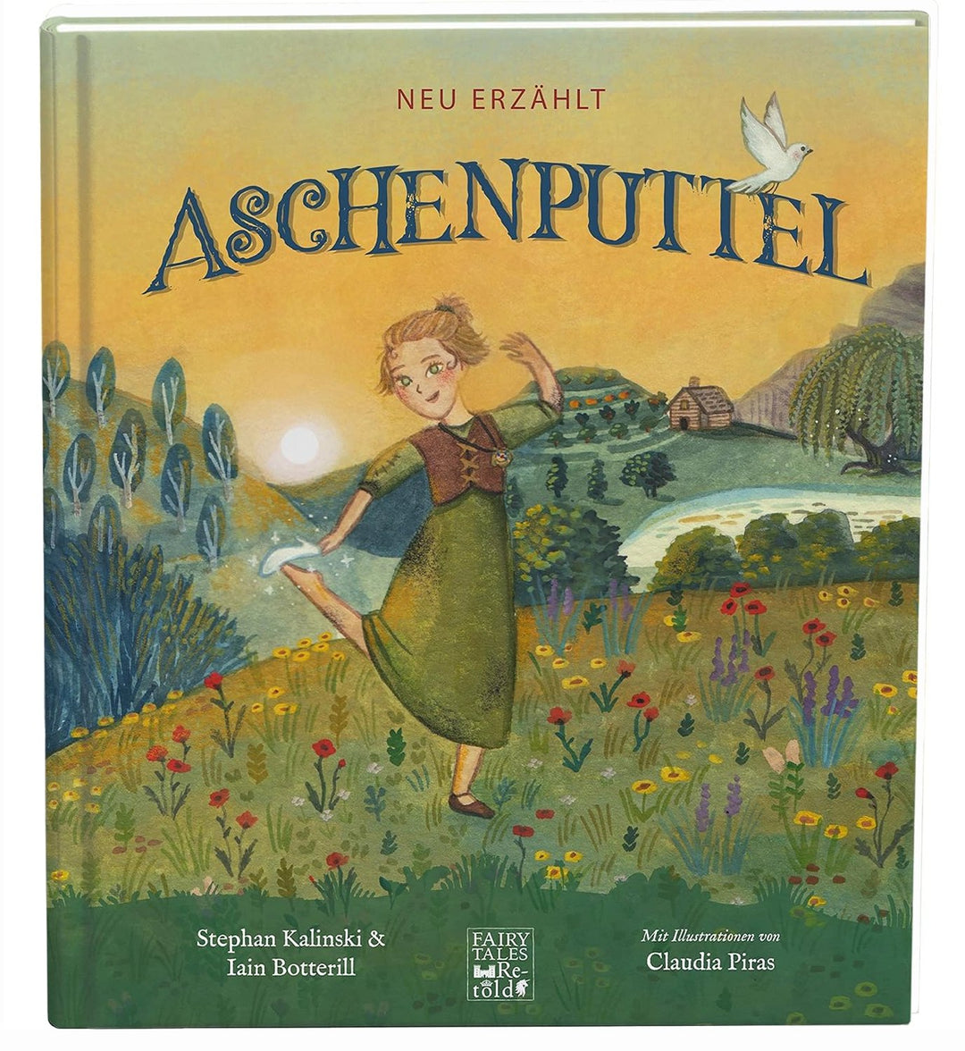 Cover des Kinderbuchs "Aschenputtel - neu erzählt". Illustriert wird ein Mädchen, das auf einer Blumenwiese steht und einen Schuh anprobiert.