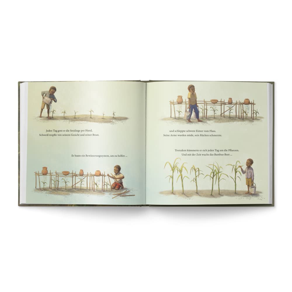 Illustration aus dem Kinderbuch "Der Junge, der einen Wald pflanzte". Jadav Payeng pflanzt Setzlinge, trägt Wasserkrüge und pflegt junge Pflanzen mit Hingabe.