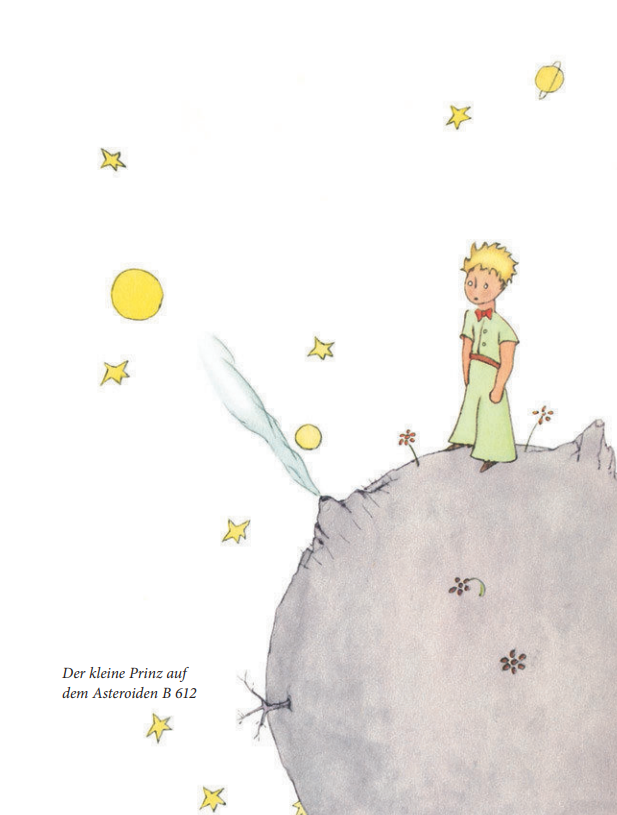 Innenansicht aus dem Buch "Der kleine Prinz". Eine Illustration zeigt den kleinen Prinzen auf dem Asteroiden B 612. 