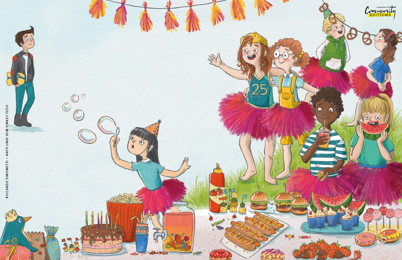 Im Kinderbuch "Raffi und sein pinkes Tutu" wird illustriert eine Geburtstagsfeier dargestellt. Alle Kinder tragen ein pinkes Tutu.