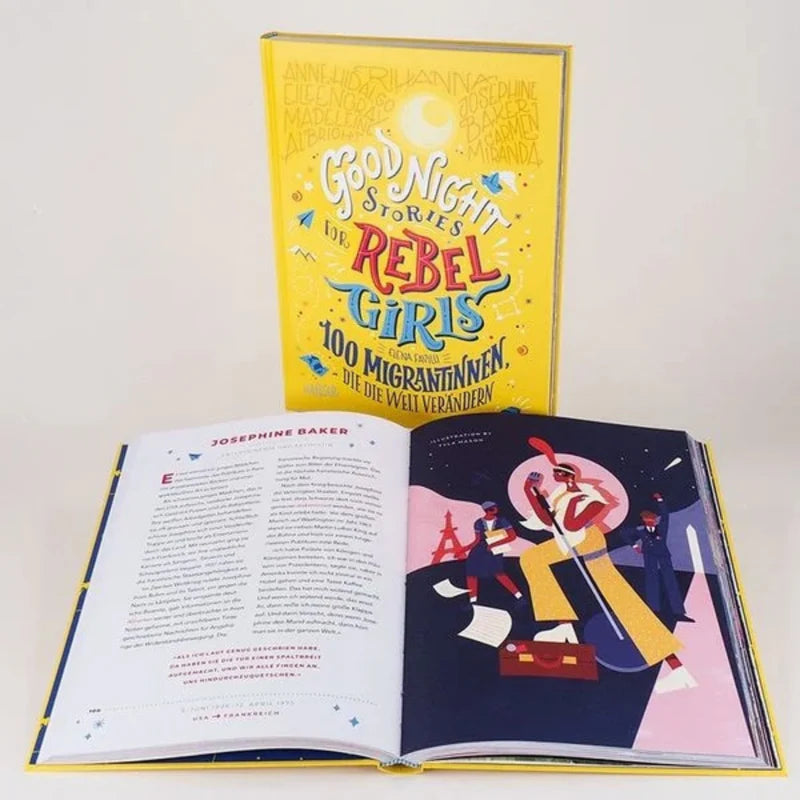 Aufgeschlagenes Buch "Good Night Stories for Rebel Girls" mit Biografie von Josephine Baker, präsentiert auf einem weißen Tisch. Kinderbuch für Vielfalt und Toleranz.